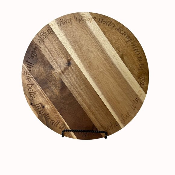 Christmas Acacia Wood Lazy Susan Rustic Table Jingle Bells Engraved Family Party - Picture 15 of 15